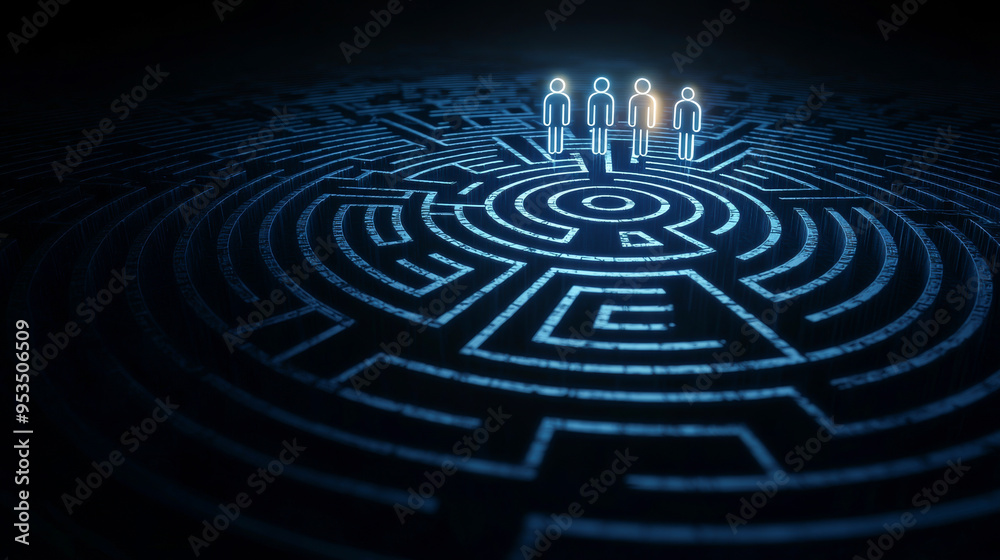 A digital maze with illuminated figures representing teamwork, guidance, and problem-solving in a complex environment. A digital maze with illuminated figures representing teamwork, guidance, and problem-solving in a complex environment.