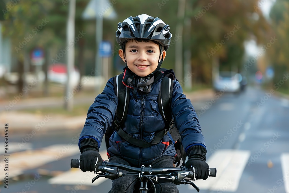 Young Boy With Helmet And Backpack On His Way To School, Riding A Bicycle At A Pedestrian Crossing