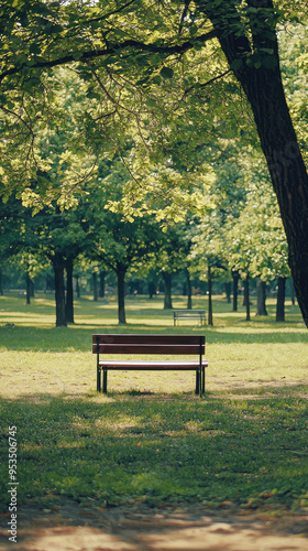 A solitary bench basks in the warm glow of sunlight, inviting quiet contemplation amidst a tranquil park setting.