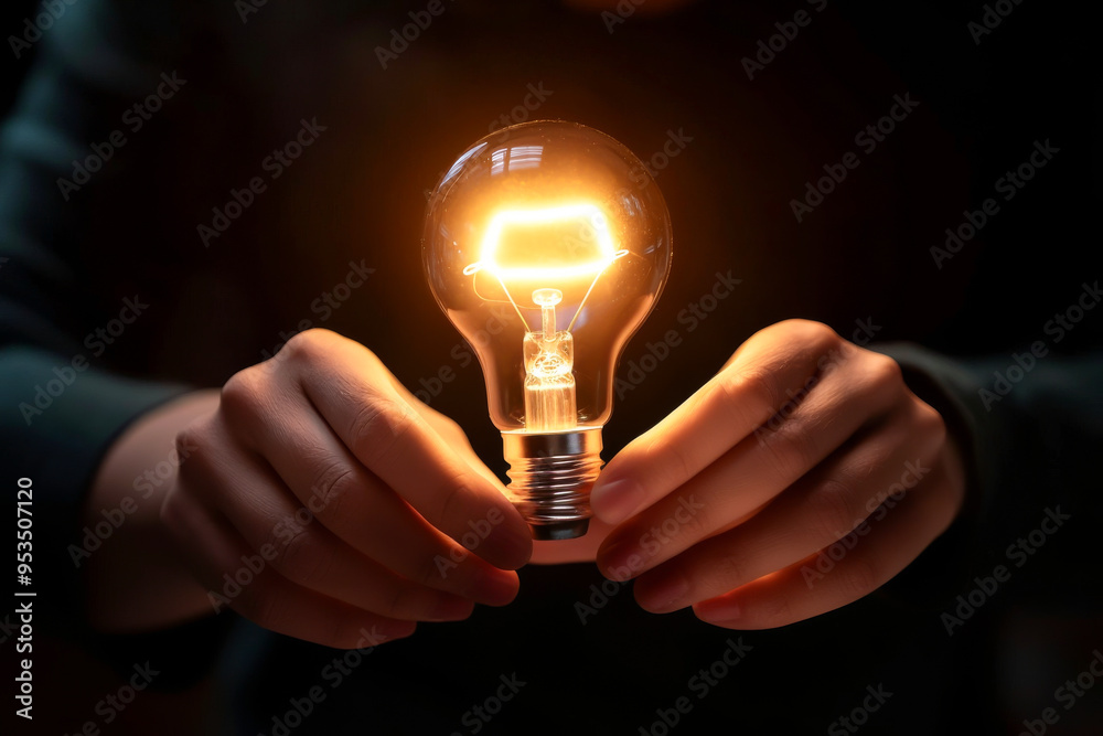 A glowing light bulb held in hands, symbolizing innovation, creativity, and bright ideas in a dark atmosphere. A glowing light bulb held in hands, symbolizing innovation, creativity, and bright ideas in a dark atmosphere.