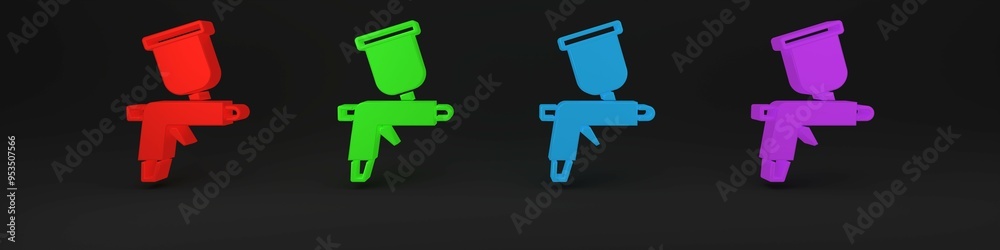 Colorful Paint spray gun icon isolated on black background. Minimalism concept. 3D render illustration Colorful Paint spray gun icon isolated on black background. Minimalism concept. 3D render illustration