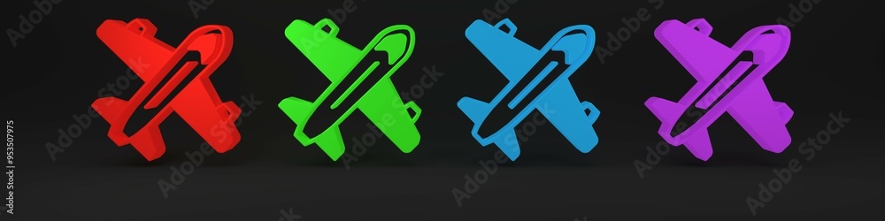 Colorful Plane icon isolated on black background. Flying airplane icon. Airliner sign. Minimalism concept. 3D render illustration Colorful Plane icon isolated on black background. Flying airplane icon. Airliner sign. Minimalism concept. 3D render illustration