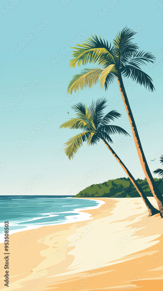 Escape to Paradise: Two Palm Trees Swaying Gently on a Pristine Beach, a Perfect Tropical Getaway. Escape to Paradise: Two Palm Trees Swaying Gently on a Pristine Beach, a Perfect Tropical Getaway.