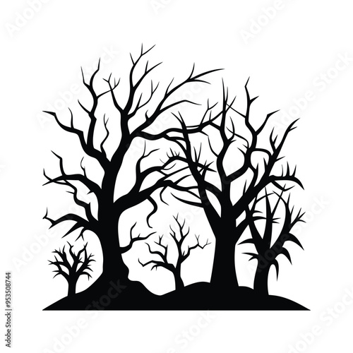 Dark silhouette forest with bare trees and intricate branches in eerie black and white gothic style