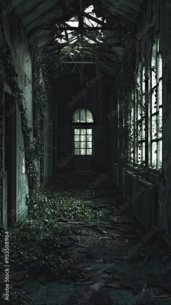 Fototapeta premium Nature Reclaims: A Haunting Glimpse Into An Abandoned Asylum Hallway