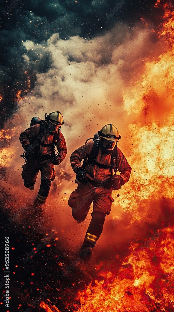 Courageous firefighters battling a fierce blaze, showcasing bravery and teamwork in a dramatic rescue scene. Courageous firefighters battling a fierce blaze, showcasing bravery and teamwork in a dramatic rescue scene.