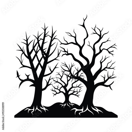 Dark silhouette forest with bare trees and intricate branches in eerie black and white gothic style