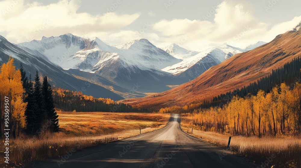 Road Through Fall Foliage and Snowy Mountains Road Through Fall Foliage and Snowy Mountains