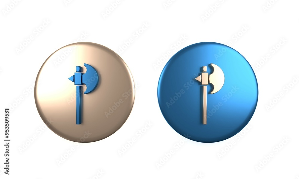 Colorful Medieval axe icon isolated on white background. Battle axe, executioner axe. Medieval weapon. Circle button. 3D render illustration Colorful Medieval axe icon isolated on white background. Battle axe, executioner axe. Medieval weapon. Circle button. 3D render illustration