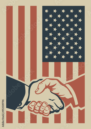USA Elections. Politicians Handshake, Retro Propaganda Posters Style Illustration. United States Flag, Democratic and Republican Colors