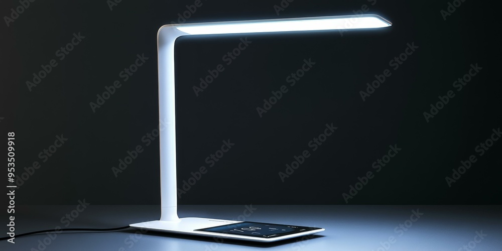 A modern white desk lamp with a digital display. A modern white desk lamp with a digital display.