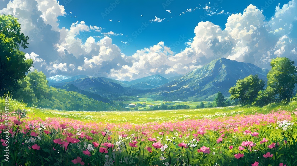 Vibrant Blooms and Majestic Peaks in a Colorful Japan Meadow - colorful japan meadow very Beautiful Vibrant Blooms and Majestic Peaks in a Colorful Japan Meadow - colorful japan meadow very Beautiful