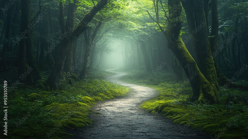 Fototapeta premium Enchanted foggy forest with a winding path, moss-covered trees, and ethereal light creating a mystical atmosphere