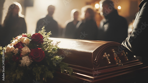 A funeral coffin with floral arrangements and people grieving in the church, conveying the solemnity and respect of a traditional memorial service