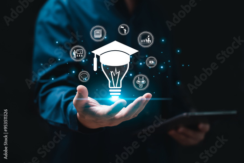 Soft skills,  HR Skill development and training concept, Businessman with icons of soft skills in hand, AI training, Emotional intelligence, Human development resources, Business performance