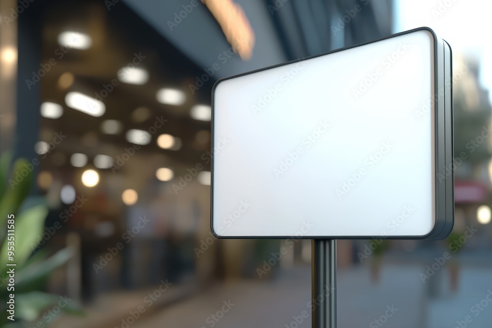 A large white sign is on a pole in front of a building A large white sign is on a pole in front of a building