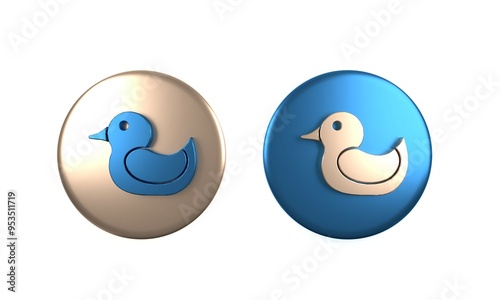 Colorful Rubber duck icon isolated on white background. Circle button. 3D render illustration