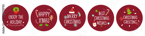 Collection of five Christmas and New Year cute ready-to-use gift tags or  badge. Set of 5 printable hand drawn holiday label in red circle. Vector seasonal badge design
