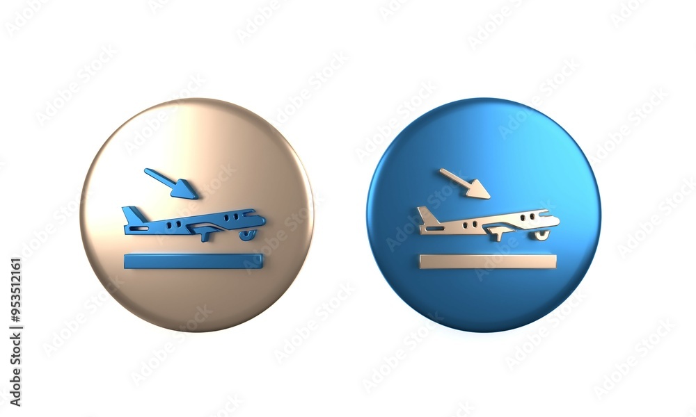 Colorful Plane landing icon isolated on white background. Airplane transport symbol. Circle button. 3D render illustration Colorful Plane landing icon isolated on white background. Airplane transport symbol. Circle button. 3D render illustration