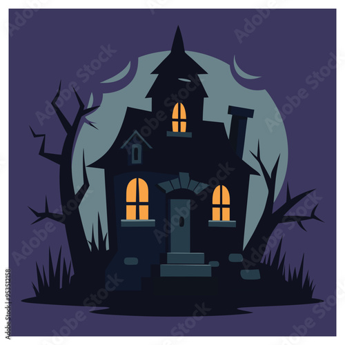 Spooky haunted house with glowing windows and bare trees under a full moon in a minimalist Halloween scene