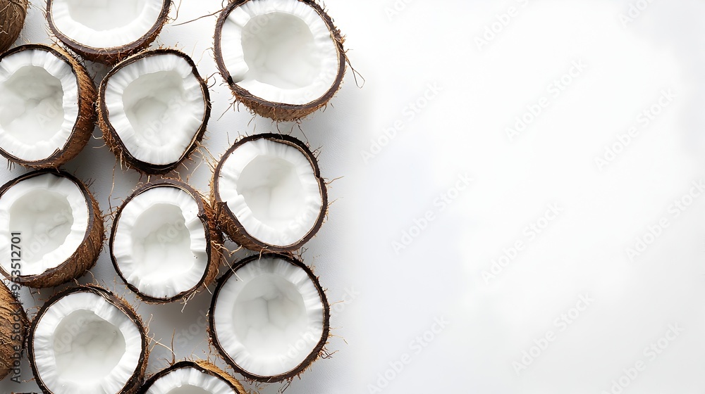 Minimalist Halved Coconut on White Background Capturing Tropical Essence Minimalist Halved Coconut on White Background Capturing Tropical Essence