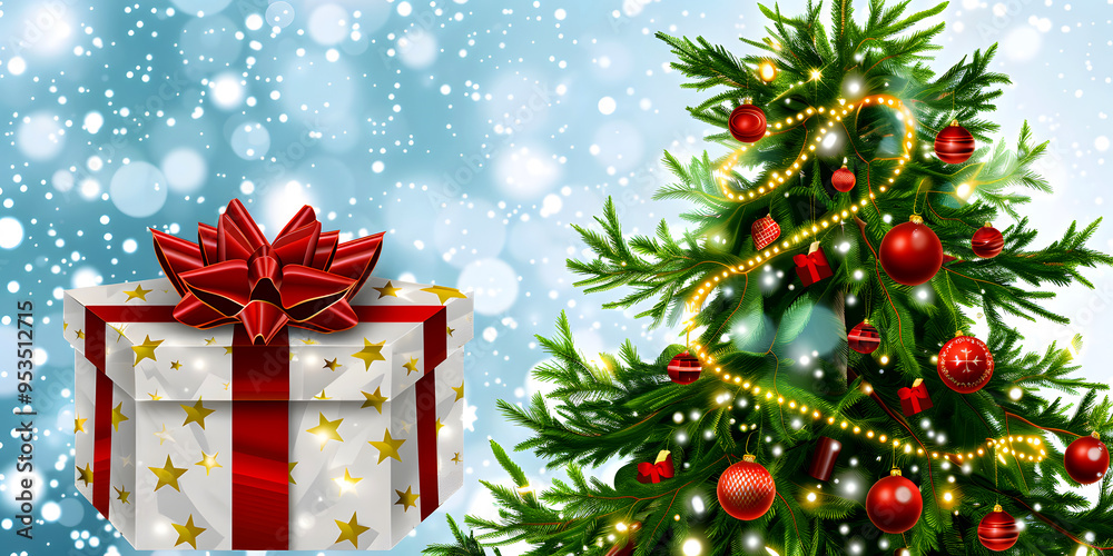 Winter Holiday Background with Christmas Tree Baubles Gift Box with Ribbon and Blurry Lights, Festive Decor Design with Happy New Year Landscape Wallpaper Background. Copy Space for Text Winter Holiday Background with Christmas Tree Baubles Gift Box with Ribbon and Blurry Lights, Festive Decor Design with Happy New Year Landscape Wallpaper Background. Copy Space for Text