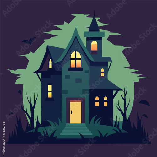 Spooky haunted house with glowing windows and bare trees under a full moon in a minimalist Halloween scene