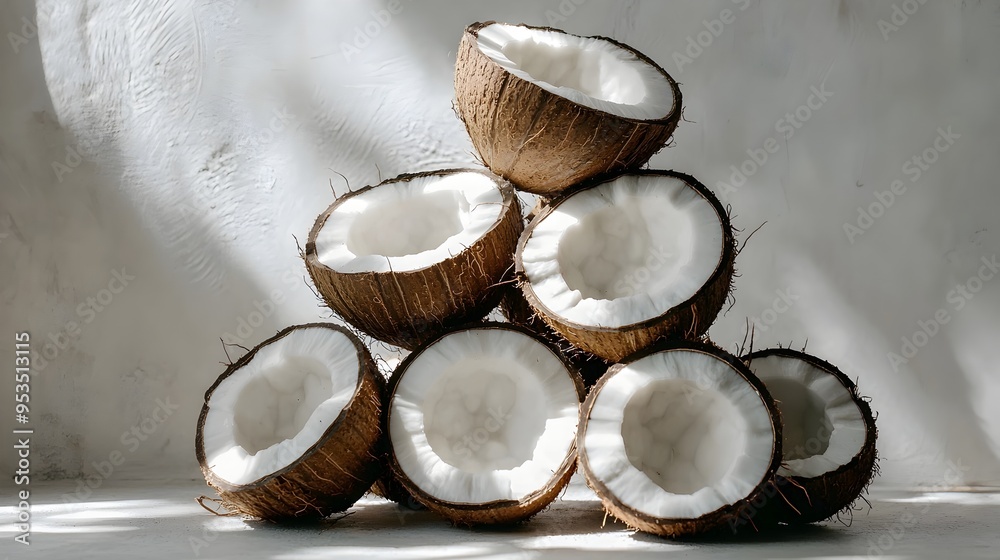 Arranged Stack of Coconut Halves on Clean White Surface Arranged Stack of Coconut Halves on Clean White Surface