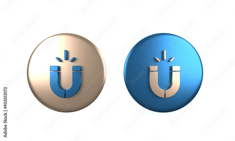 Obraz premium Colorful Magnet icon isolated on white background. Horseshoe magnet, magnetism, magnetize, attraction. Circle button. 3D render illustration