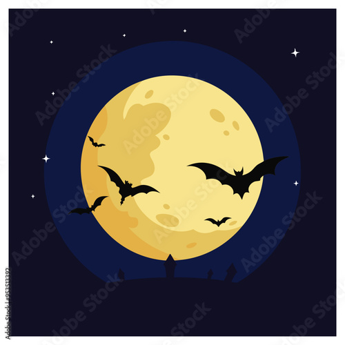 Minimalist Halloween night with haunted house and bats under a full moon in an eerie landscape