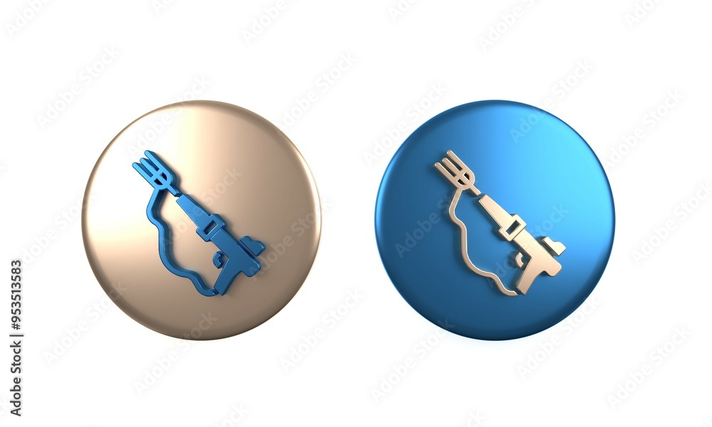 Colorful Fishing harpoon icon isolated on white background. Fishery manufacturers for catching fish under water. Diving underwater equipment. Circle button. 3D render illustration Colorful Fishing harpoon icon isolated on white background. Fishery manufacturers for catching fish under water. Diving underwater equipment. Circle button. 3D render illustration