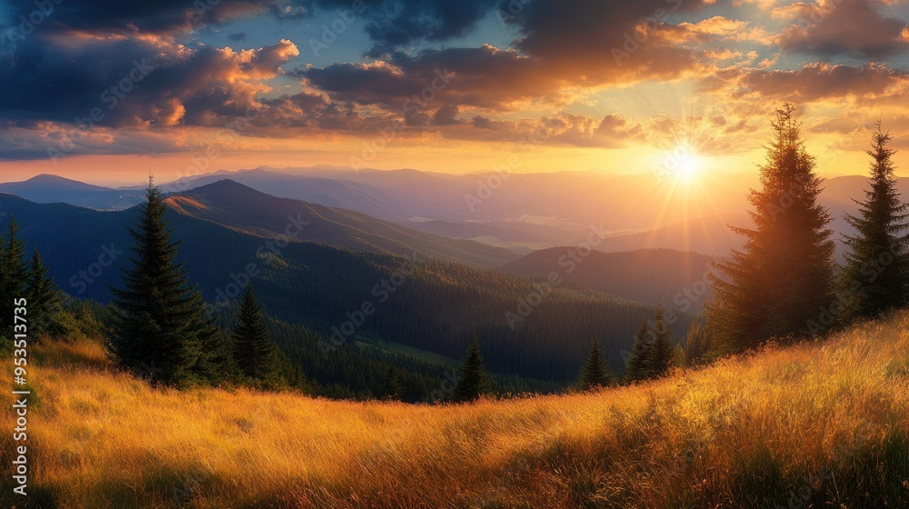 Fototapeta premium Golden Sunset Over Majestic Mountain Range
