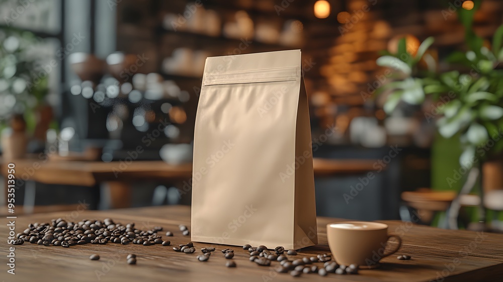 Coffee Beans and Cup with Bag Mockup on Wooden Table Coffee Beans and Cup with Bag Mockup on Wooden Table