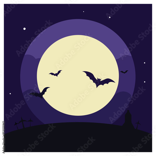 Minimalist Halloween night with haunted house and bats under a full moon in an eerie landscape