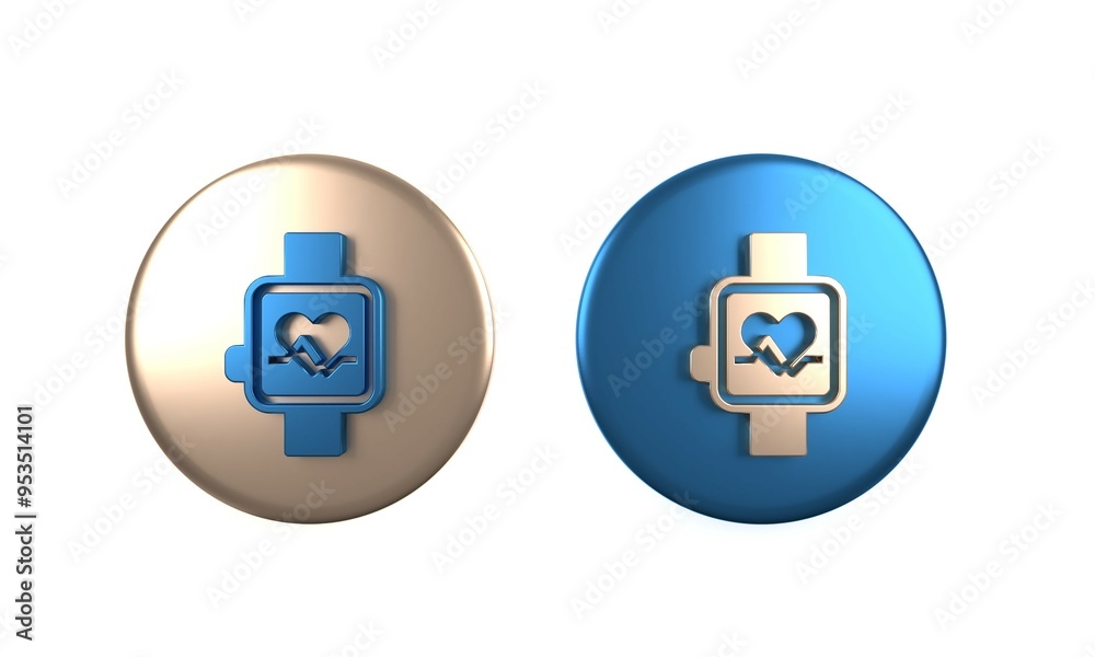Colorful Smart watch showing heart beat rate icon isolated on white background. Fitness App concept. Circle button. 3D render illustration Colorful Smart watch showing heart beat rate icon isolated on white background. Fitness App concept. Circle button. 3D render illustration