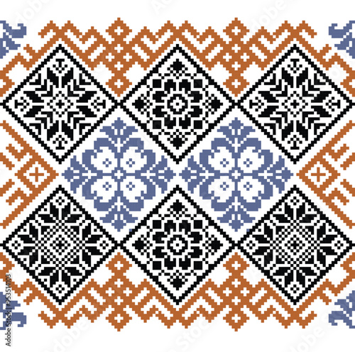 Geometric Cross-Stitch Pattern with Floral and Star Motifs