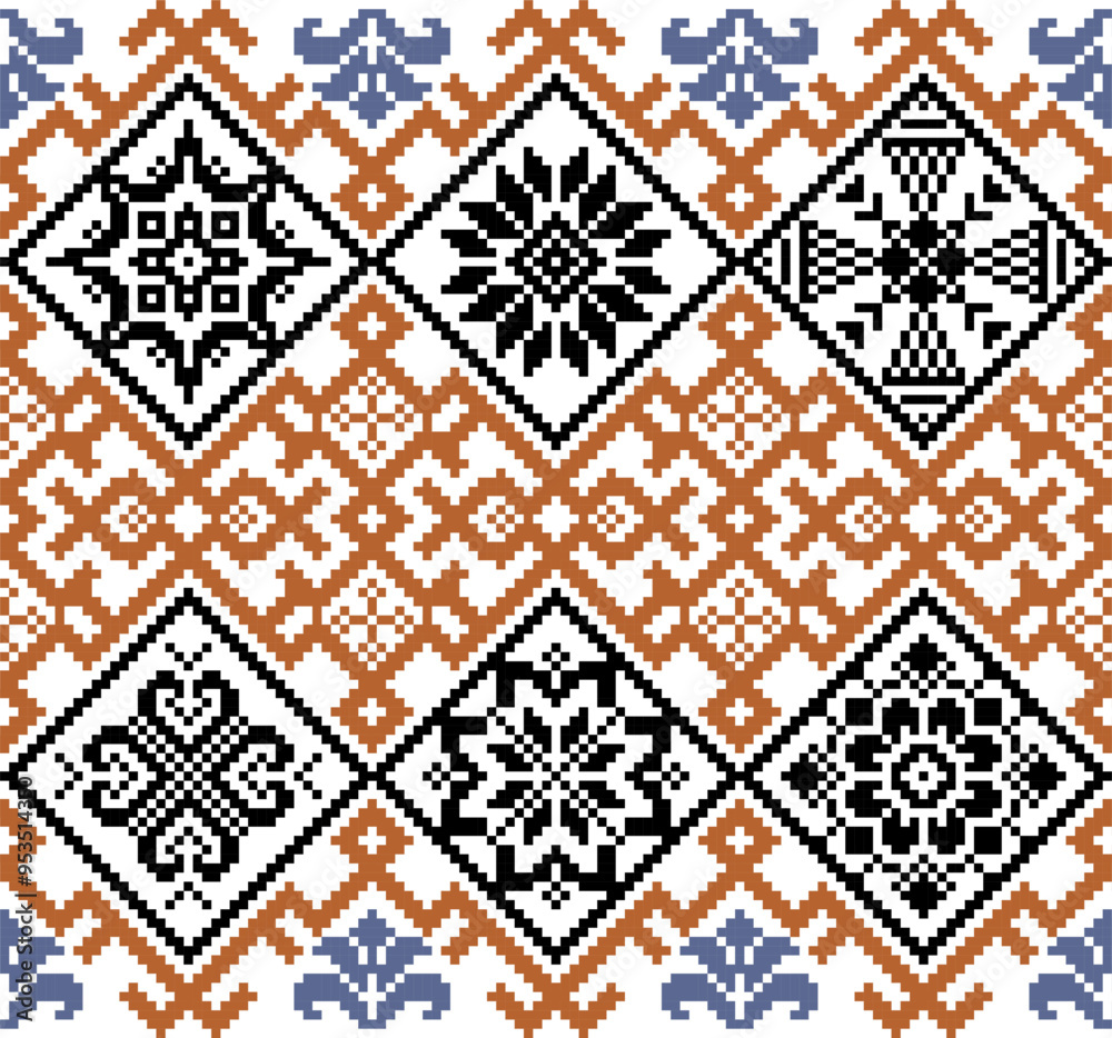 Geometric Cross-Stitch Pattern with Floral and Star Motifs Geometric Cross-Stitch Pattern with Floral and Star Motifs