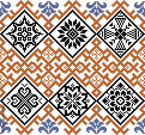 Geometric Cross-Stitch Pattern with Floral and Star Motifs