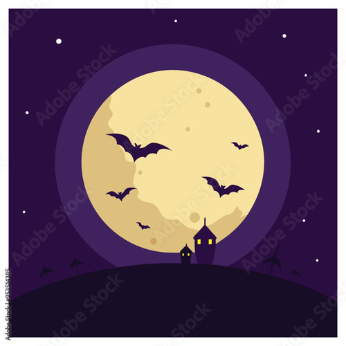 Minimalist Halloween night with haunted house and bats under a full moon in an eerie landscape