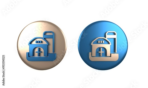 Colorful Farm house icon isolated on white background. Circle button. 3D render illustration