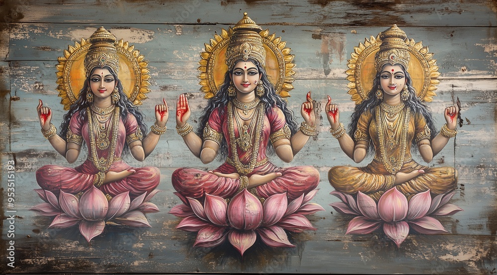 Fototapeta premium Spiritual artwork three hindu goddesses lakshmi saraswati parvati figures reverence religious mythology spirituality oil painting classical art