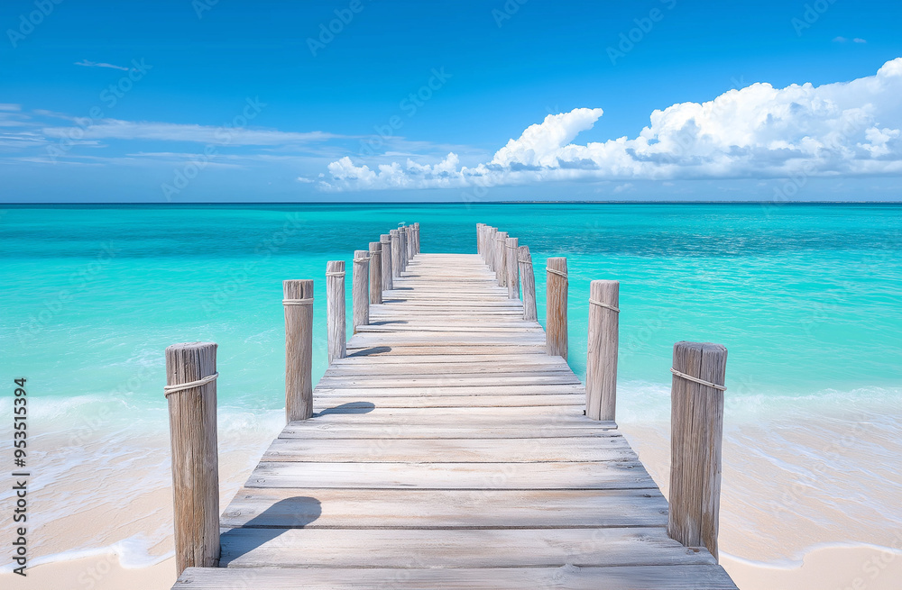 Scenic Wooden Pier Leading to Turquoise Ocean, Tropical Paradise with Clear Blue Sky Scenic Wooden Pier Leading to Turquoise Ocean, Tropical Paradise with Clear Blue Sky