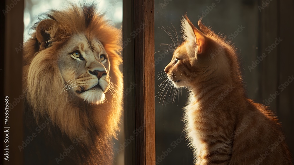 Fototapeta premium Lion and Cat Looking Through Window