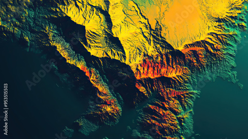 Technical aerial visual, 3D LiDAR GIS aerial map satellite scan model isolated, showing Mangalore, India. Elevation, topography, render photo