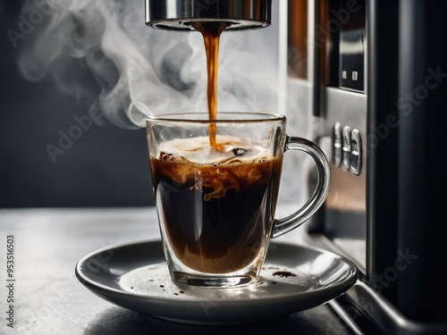 A fresh cup of coffee being poured from a coffee machine into a large glass mug, with steam rising, isolated on white.