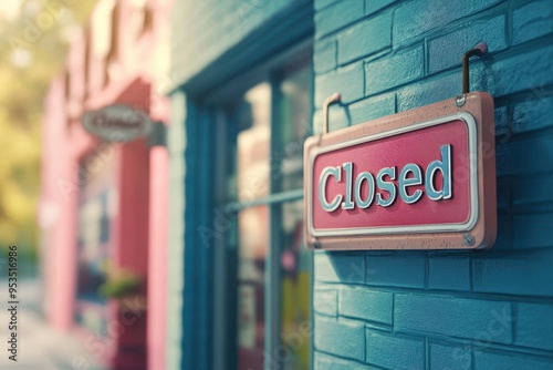 A closed sign is hanging on a brick wall