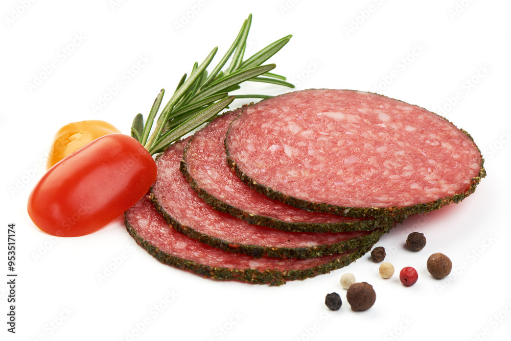 Italian salami with pepper, isolated on white background. Italian salami with pepper, isolated on white background.