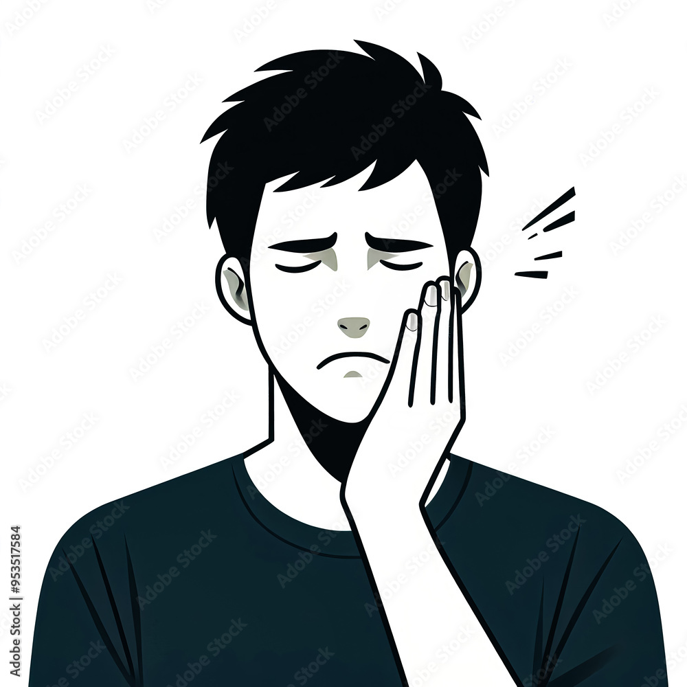 Isolated black and white vector illustration of a young man having a toothache on a white background. Isolated black and white vector illustration of a young man having a toothache on a white background.