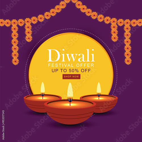 Happy Diwali greeting design template with three Diya lamps on purple background