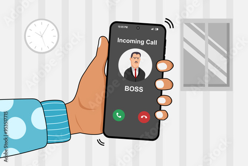 Hand holding a smartphone with incoming call from Boss at night after business hours. Right to disconnect concept. Vector illustration.